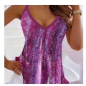 Plus Size V Neck Slingback Cami Top - Geometric Pattern, Slight Stretch, Casual